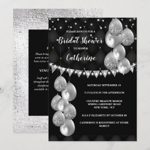 Silver shimmer balloon on black string lights chic invitation
