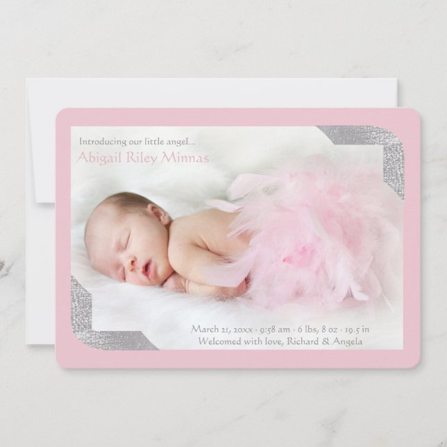 Silver Shimmer Corners Photo Pk Birth Announcement (Front)