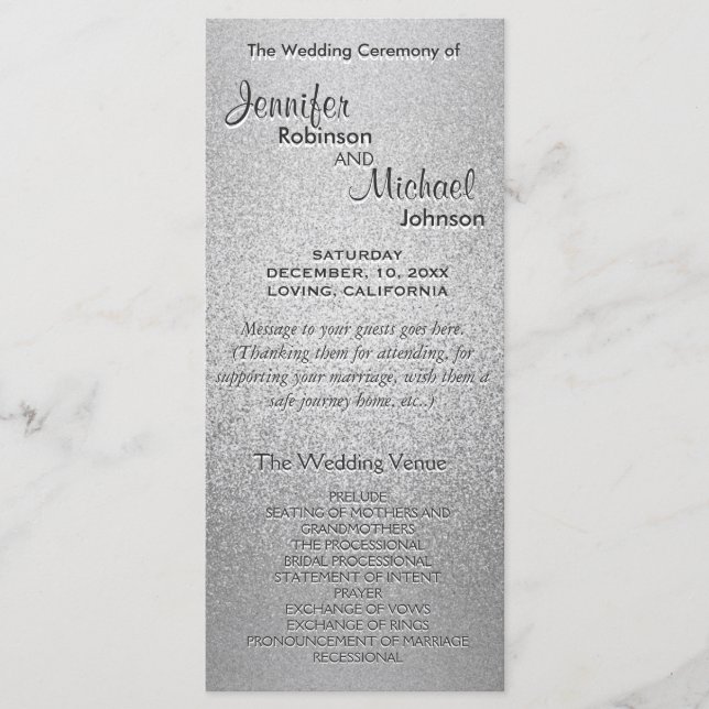 Silver Shimmer Faux Foil Wedding Program Programme (Front)