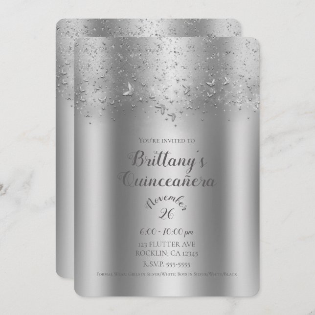 Silver Shimmer Flutter Butterfly Quinceañera Party Invitation (Front/Back)