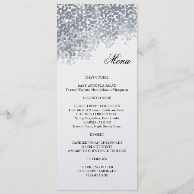 Silver Shimmer Light Shower Menu Card (Front)