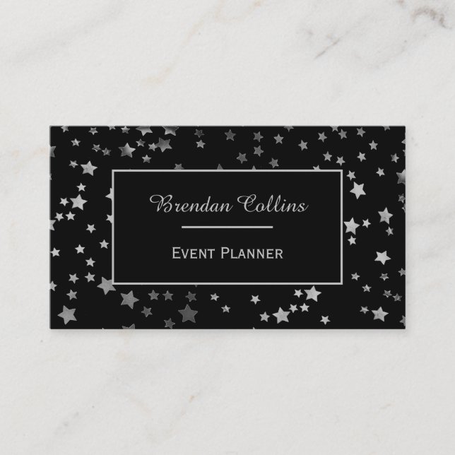 Silver Shimmering Stars Elegant Black Business Card (Front)
