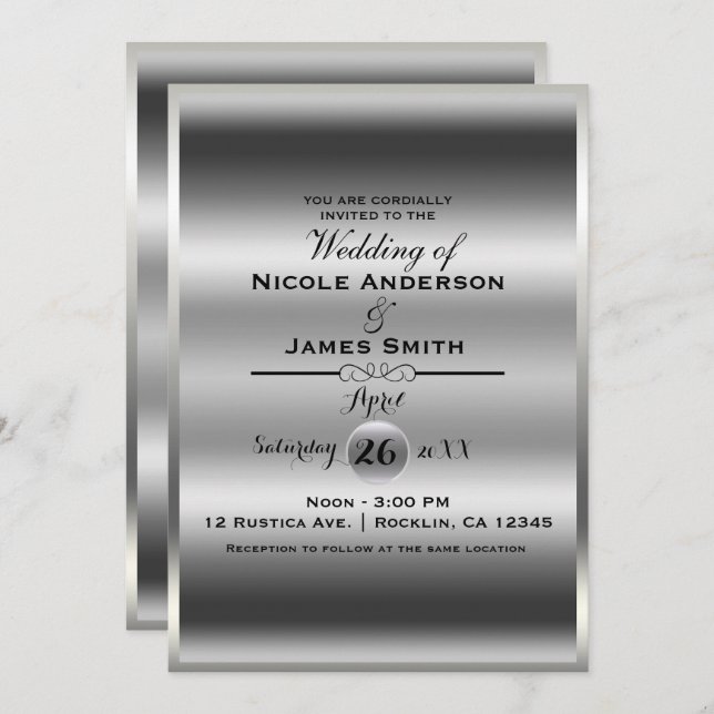 Silver Shine Shiny Metallic Elegant Classy Wedding Invitation (Front/Back)