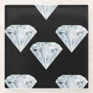 Silver shiny diamonds on black glass coaster