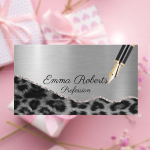 Silver Shiny Leopard Glitter Business Card