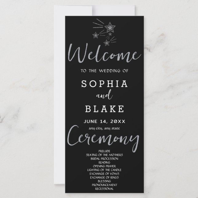 Silver Shooting Stars Black Wedding Program (Front)
