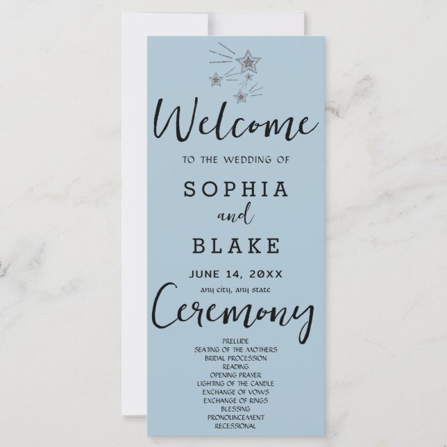 Silver Shooting Stars Blue Grey Wedding Program (Front)