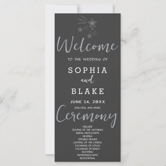 Silver Shooting Stars Grey Wedding Program (Front)