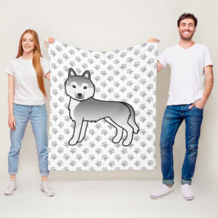 Silver Siberian Husky Cartoon Dog & Paws Fleece Blanket