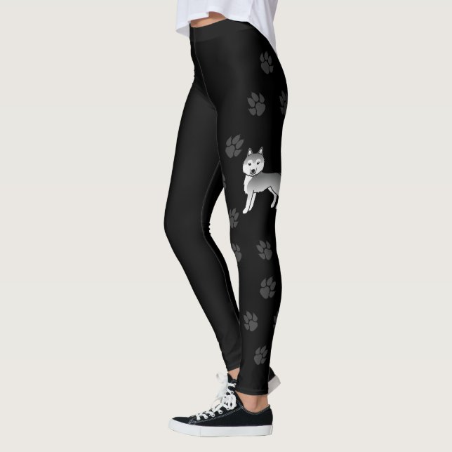 Silver Siberian Husky Cartoon Dog & Paws Leggings (Left)