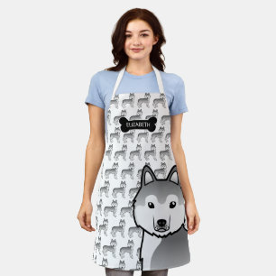 Silver Siberian Husky Cute Cartoon Dog & Name Apron