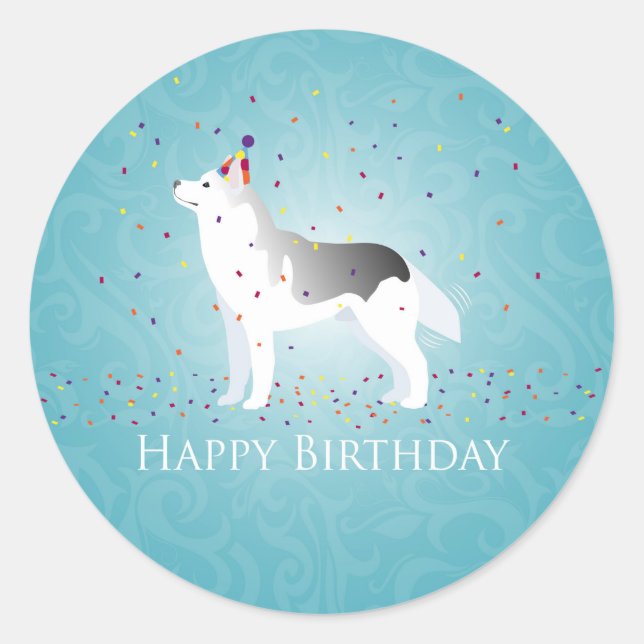 Silver Siberian Husky Dog Happy Birthday Design Classic Round Sticker (Front)