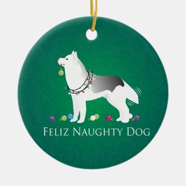 Silver Siberian Husky Feliz Naughty Dog Christmas Ceramic Tree Decoration (Front)