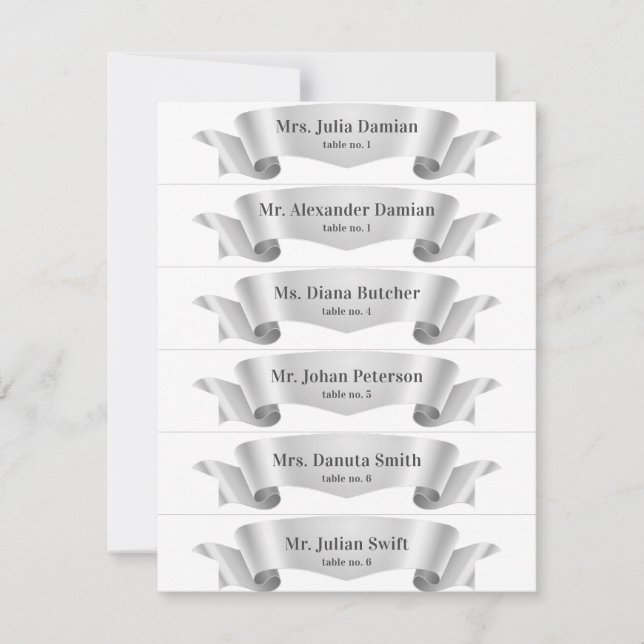 Silver Silk Ribbon Banner Wedding Place Cards (Front)