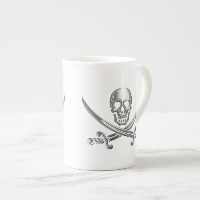 Silver Skull and Crossed Swords Bone China Mug (Front Right)