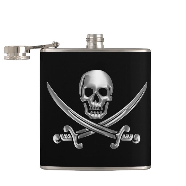 Silver Skull and Crossed Swords Hip Flask (Opened)