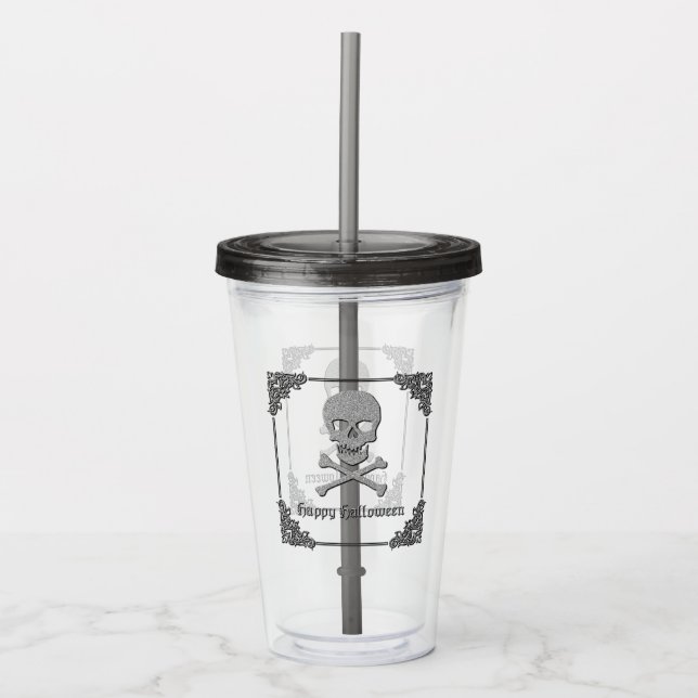 Silver Skull & Crossbones Halloween Acrylic Tumbler (Front)