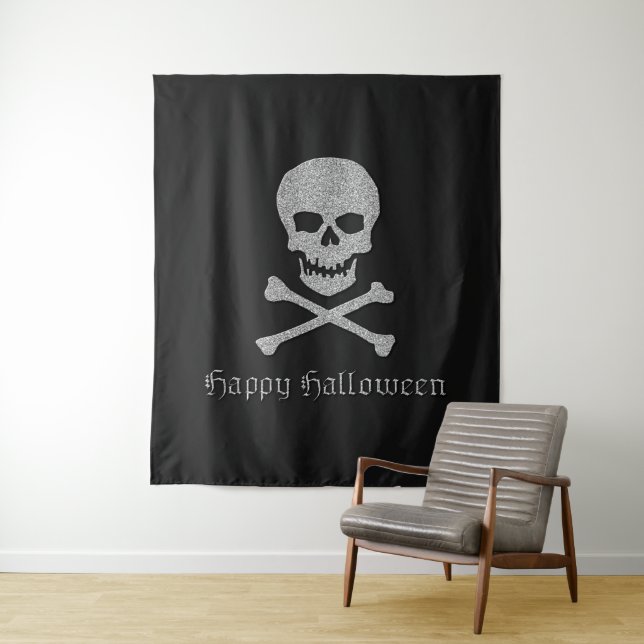 Silver Skull & Crossbones Halloween Backdrop Tapestry (In Situ)