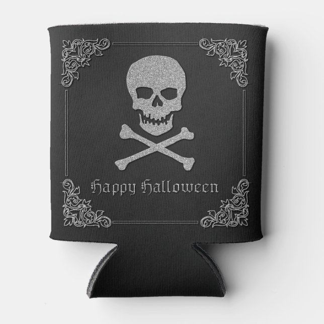 Silver Skull & Crossbones Halloween Can Cooler (Front)