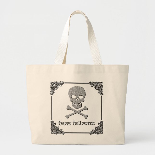 Silver Skull & Crossbones Halloween Large Tote Bag (Front)