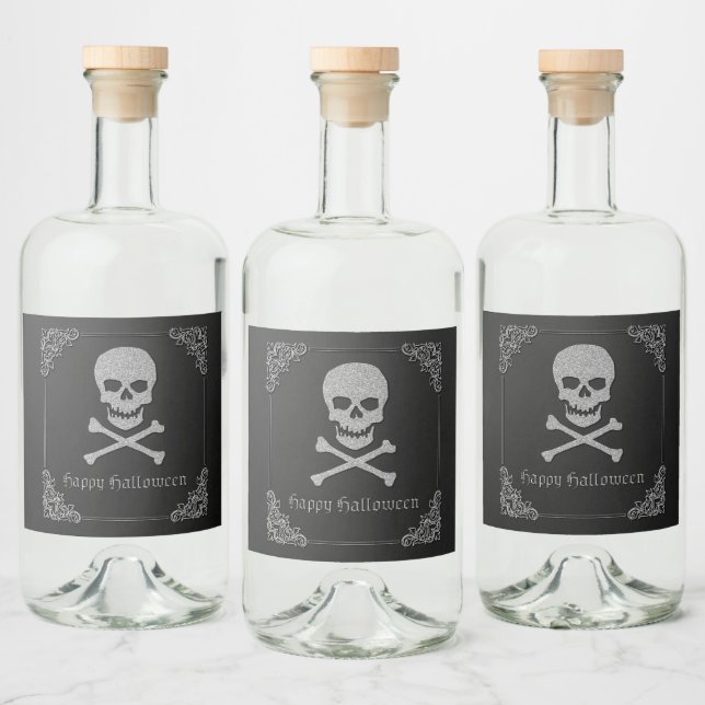 Silver Skull & Crossbones Halloween Liquor Bottle Label (Bottles)