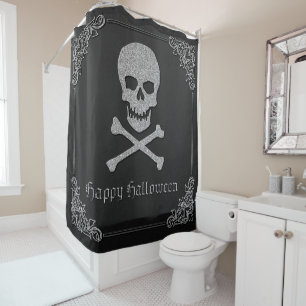 Silver Skull & Crossbones Halloween Shower Curtain