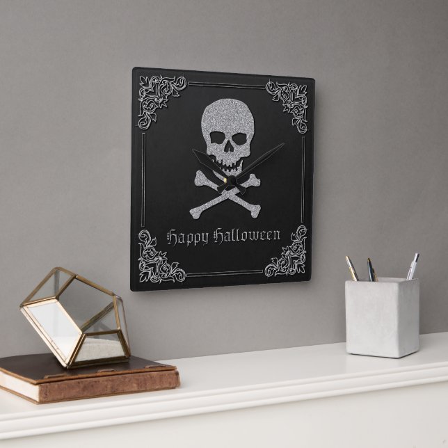 Silver Skull & Crossbones Halloween Square Wall Clock (Office)