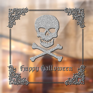 Silver Skull & Crossbones Halloween Window Cling