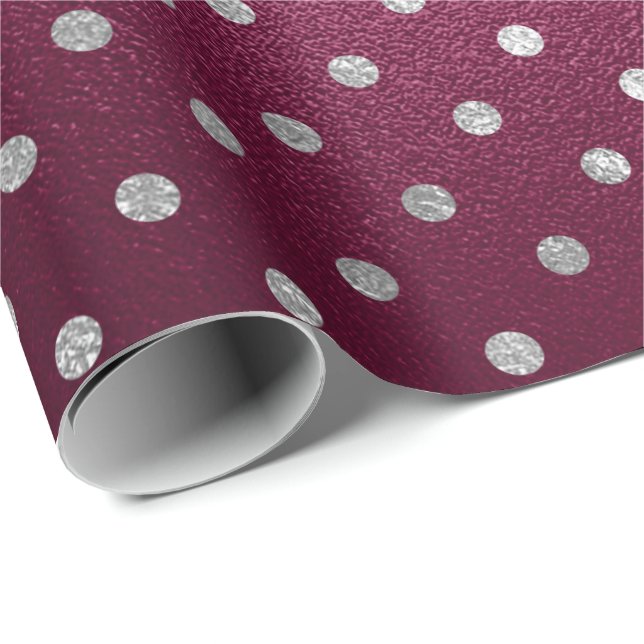 Silver Small Polka Dots Gray Metallic Beetroot Red Wrapping Paper (Roll Corner)