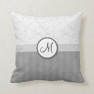 Silver Snow Floral Wisps & Stripes with Monogram Cushion