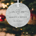 Silver snow names mr mrs elegant newly weds  glass tree decoration<br><div class="desc">Decorated with mr mrs with a heart. A faux silver background decorated with faux snowflakes,  snow crystals.  Personalize and add your names and your wedding date.  Black text.</div>