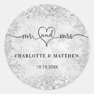 Silver snow names mr mrs elegant winter wedding classic round sticker