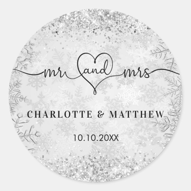 Silver snow names mr mrs elegant winter wedding classic round sticker (Front)
