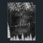 Silver snow pine black Christmas winter wedding Invitation<br><div class="desc">Time to celebrate your winter wonderland wedding theme with this luxury silver glitter snowflakes sparkles and silver glitter pine tree forest on an elegant festive  black grey watercolor background,  featuring a modern cool script font typography.</div>