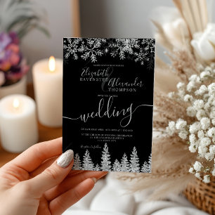 Silver snow pine black Christmas winter wedding Invitation