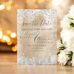 Silver snow pine gold foil Christmas save the date<br><div class="desc">Time to celebrate your winter wonderland wedding theme with this luxury silver glitter snowflakes sparkles and silver glitter pine tree forest on an elegant festive  faux gold foil metallic background,  featuring a modern cool script font typography. A chic and elegant wedding save the date card.</div>