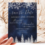 Silver snow pine navy Christmas save the date<br><div class="desc">Time to celebrate your winter wonderland wedding theme with this luxury silver glitter snowflakes sparkles and silver glitter pine tree forest on an elegant festive navy blue watercolor background,  featuring a modern cool script font typography. A chic and elegant wedding save the date card.</div>