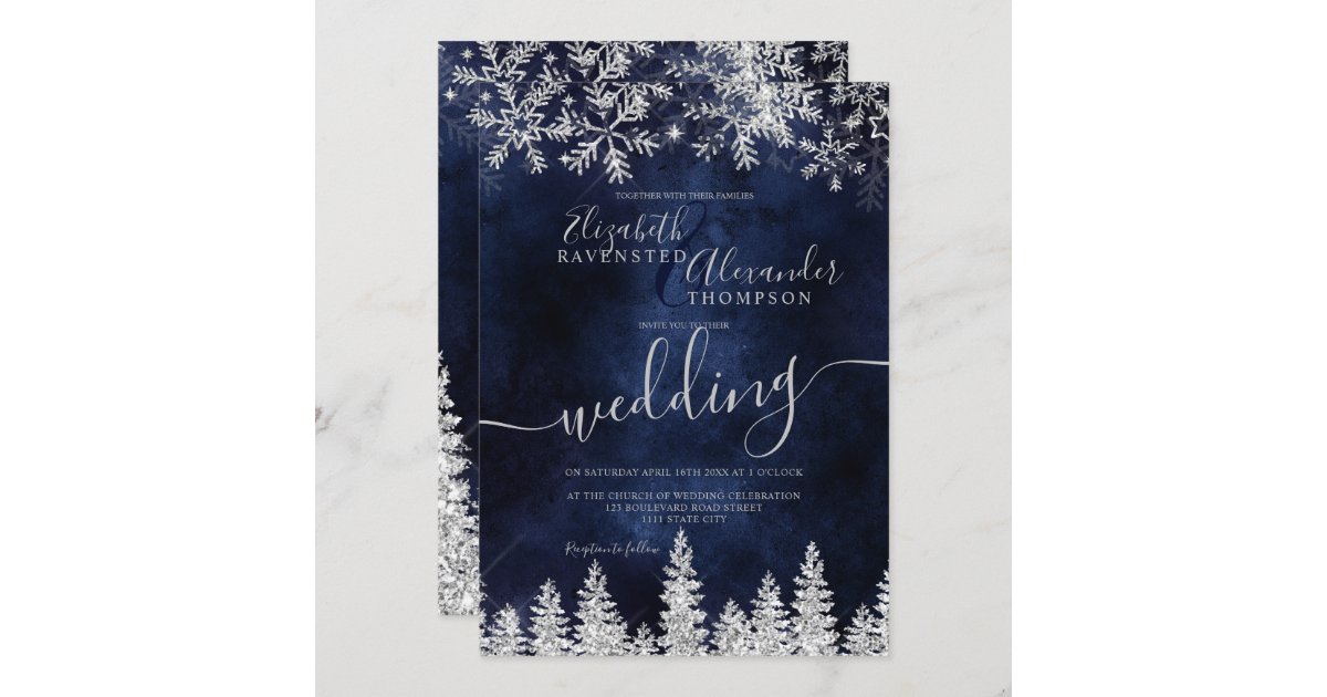 Silver snow pine navy Christmas winter wedding Invitation