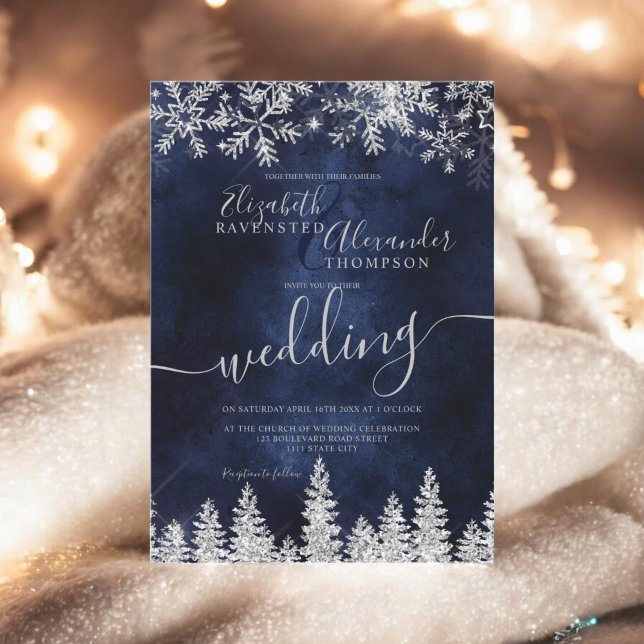 Silver snow pine navy Christmas winter wedding Invitation (Silver snow pine navy Christmas winter wedding Invitation)