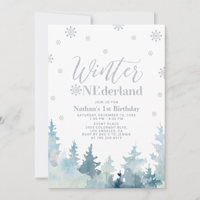 Silver Snow Winter onederland 1st birthday party Invitation (Front)