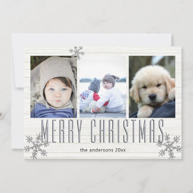 Silver Snowflake 3 Photo Collage Merry Holiday Card (Front)