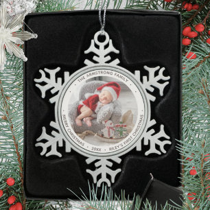 Silver Snowflake Baby First Milestone Photo Pewter Christmas Ornament