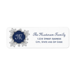 Silver Snowflake Blue Monogram Quatrefoil