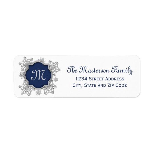 Silver Snowflake Blue Monogram Quatrefoil Return Address Label