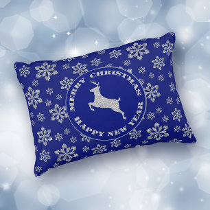 Silver Snowflake Blue Reindeer Decorative Cushion