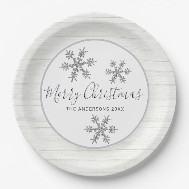 Silver Snowflake Chic Holiday Elegant Party Paper Plate (Front)