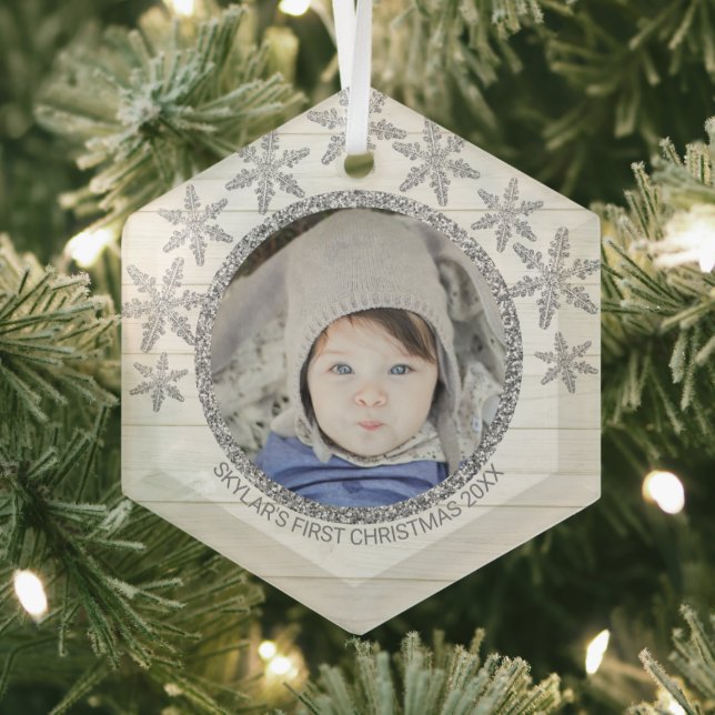 Silver Snowflake Chic Round Photo Christmas Glass Tree Decoration (Insitu)