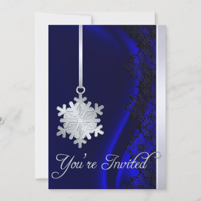 Silver Snowflake Decoration Blue Silk Invitation (Front)