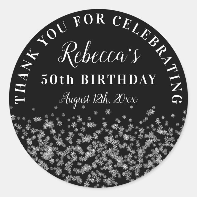 Silver Snowflake Glitter 50th Birthday Thank You Classic Round Sticker (Front)