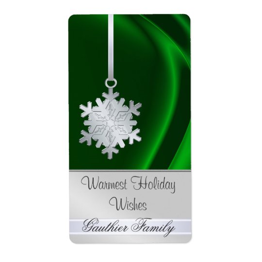 Silver Snowflake Green Silk Holiday Wine Label Shipping Label